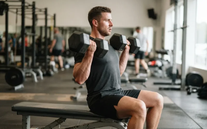 a man lifting dumbbells on a bench in a gym