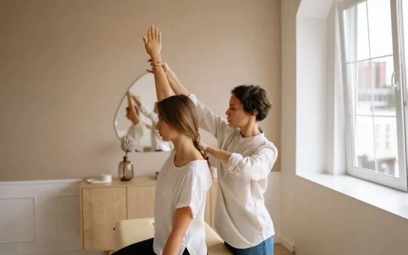 A therapist guides a woman through a stretching exercise in a calm, indoor setting.