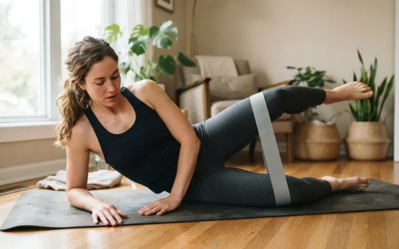 a woman doing a hip-strengthening exercise on a mat at home