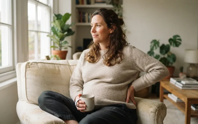 a pregnant woman resting with her hand on her lower back