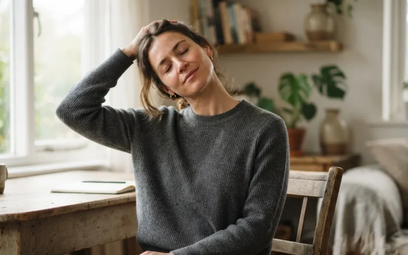 a woman gently stretching her neck while sitting