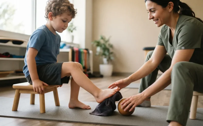 a child doing foot exercises with a parent or therapist