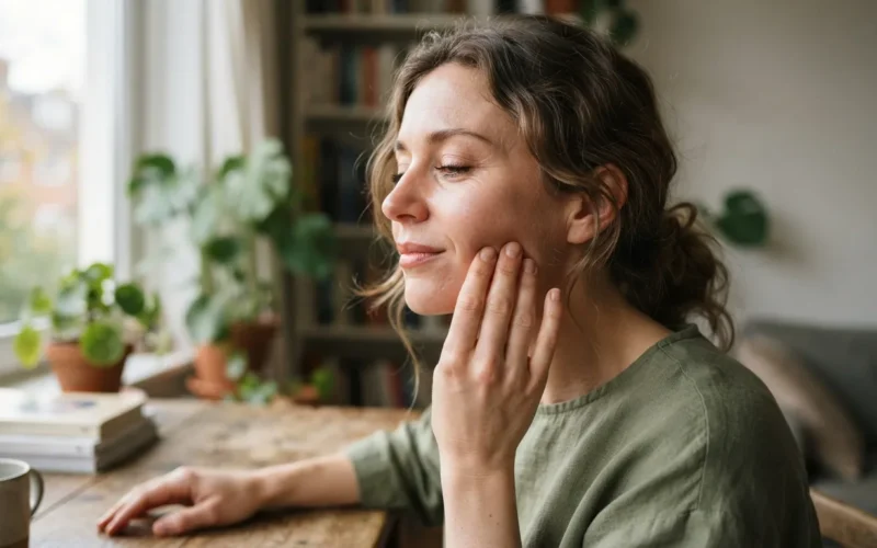 a person gently massaging their jaw