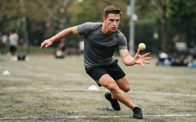 a person catching a ball during a reaction drill