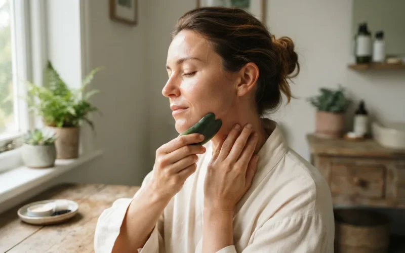 a woman using a gua sha tool on her face