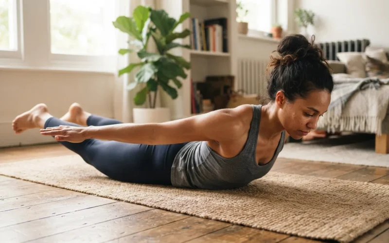 a person doing a back exercise on a yoga mat at home
