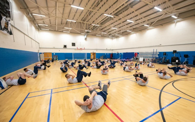 Pathfinders perform bicycle crunches in the base gym at RAF Fairford, England, Feb. 7, 2025. Pathfinders from across the 501st Combat Support Wing came together for a Readiness Training Day to execute Ready Airman Training and Mission Ready Airman objectives. Subject matter experts from various functions instructed on Rapid Airfield Damage Recovery, Tactical Combat Casualty Care, Active Threat Response, Basic Communications, and Comprehensive Airman Fitness. (U.S. Air Force photo by Tech. Sgt. Jessica Avallone)