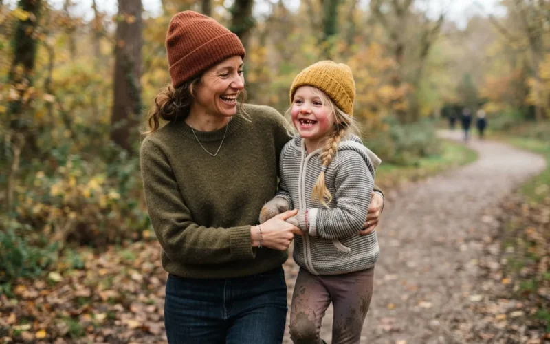 a parent and child playing outside in warm clothing