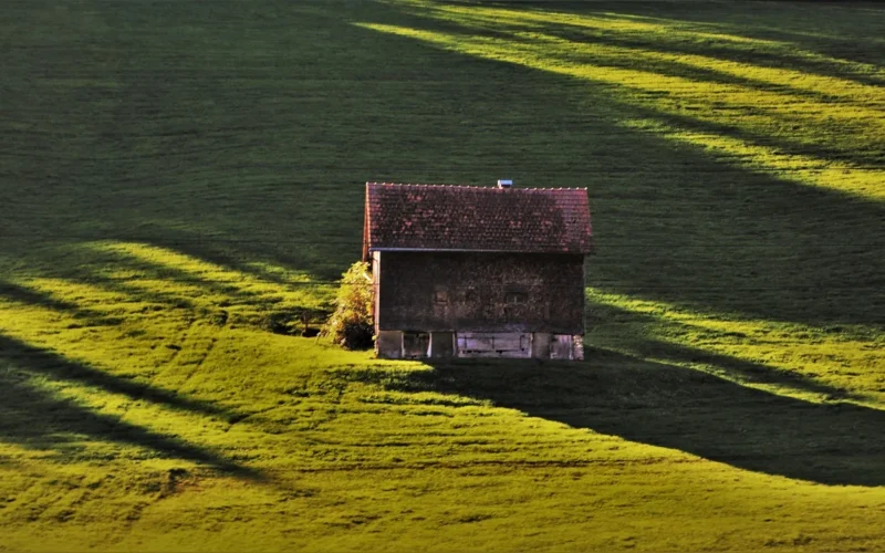 świt, łąka, cień, trawa, chata, podświetlone, zieleń, hut, wieś, zbocze, alpejskie wioski, góry, natura, domek w górach, letnich łąki, pastwisko, pole, poranek, poranne słońce, obszarów wiejskich, wzgórze, gospodarstwa, kraju, zoom tle, cienie, kabina