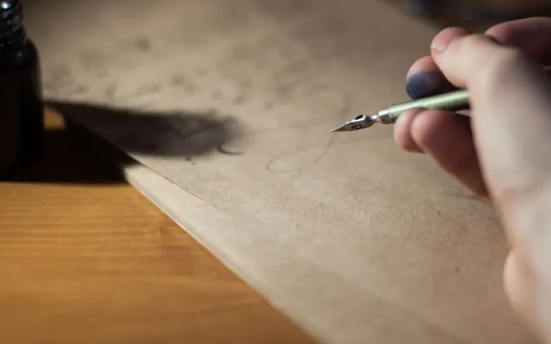 Close-up of a hand writing with a fountain pen on vintage paper, capturing the art of calligraphy.