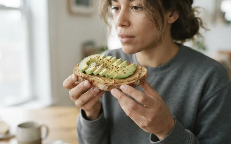 a person holding a slice of bread spread with peanut butter and avocado