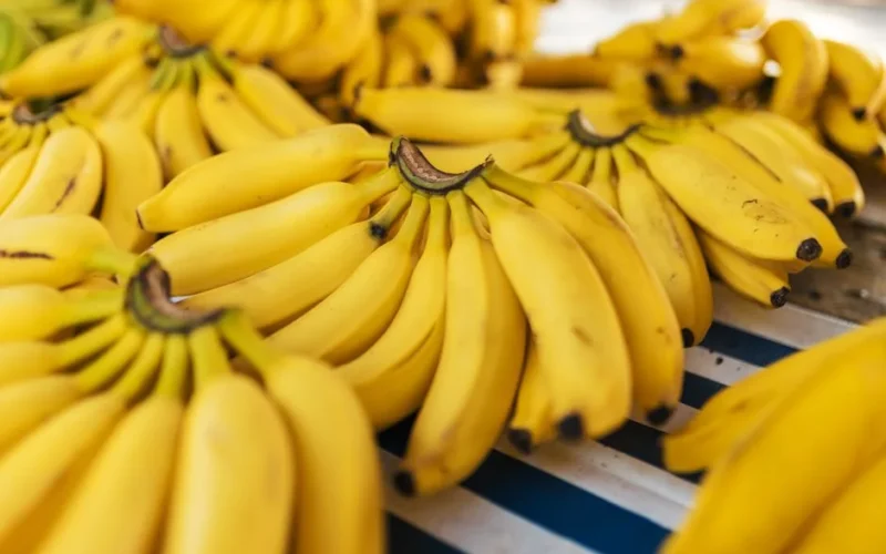 Bunches of ripe yellow bananas displayed on a market stall. Perfect for healthy eating concepts.