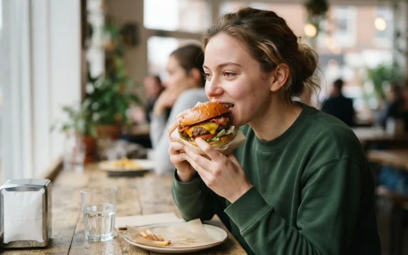 a person eating a hamburger
