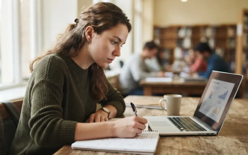 a student taking notes while watching a laptop screen