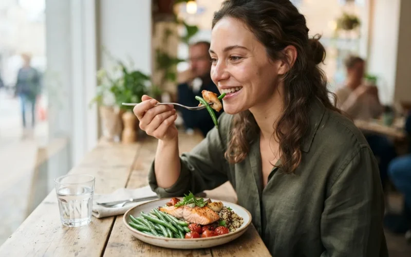 a person eating a healthy meal with green beans