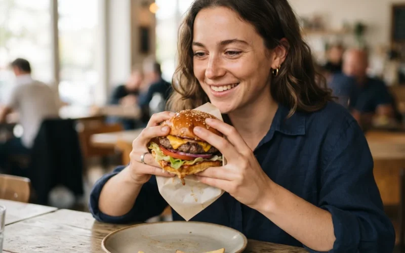 a person holding a burger