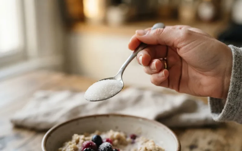 a person holding a spoonful of white crystalline sweetener
