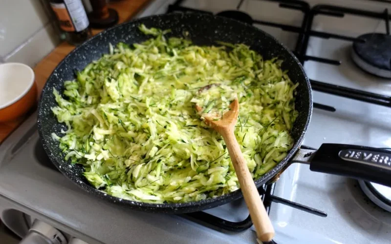Freshly shredded zucchini cooking in a frying pan on a modern kitchen stove.