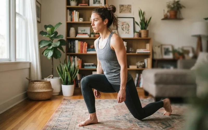 a woman doing a squat or lunge in a living room