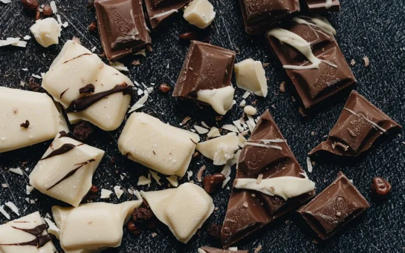 Close-up of assorted milk and white chocolate pieces with artistic drizzle.