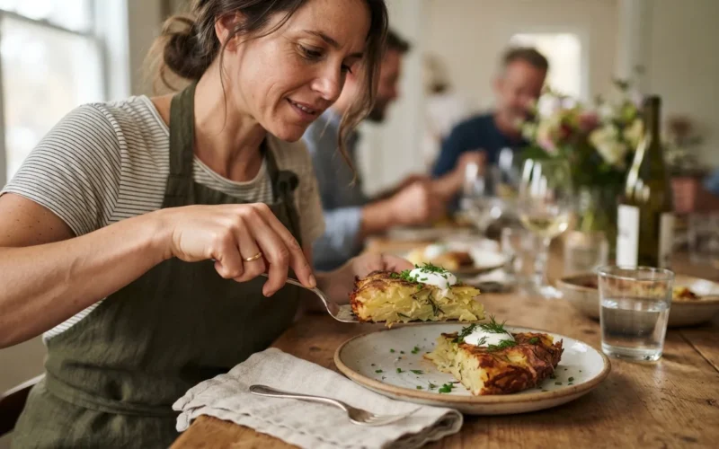 a person serving a slice of potato cake on a plate