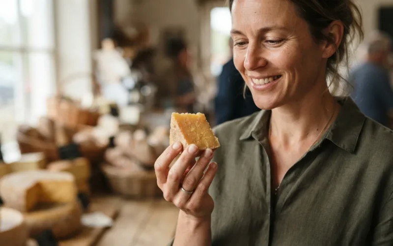 a person holding a piece of cheese