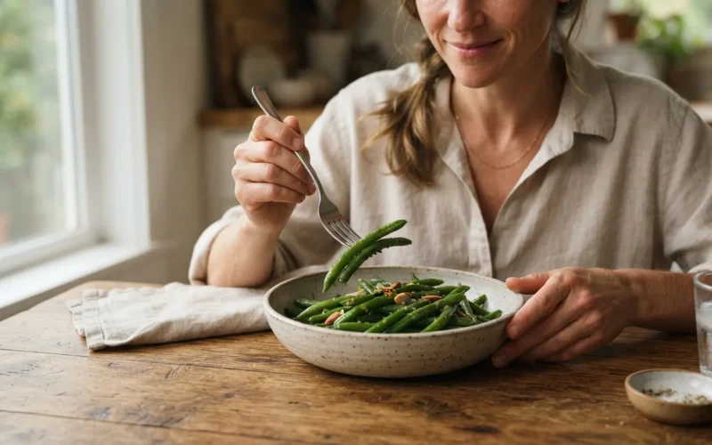 a bowl of cooked green beans on a wooden table