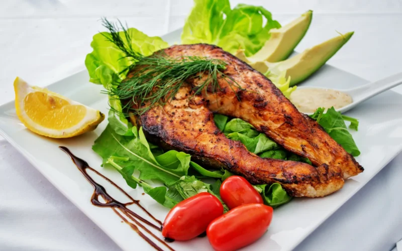 A grilled, plated salmon fillet