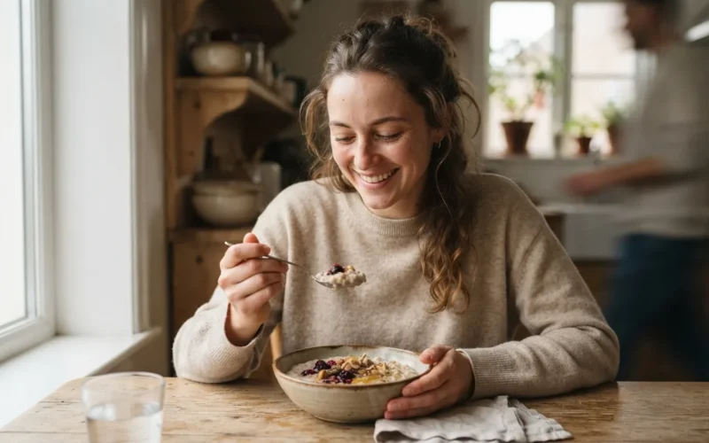 a person eating a bowl of porridge