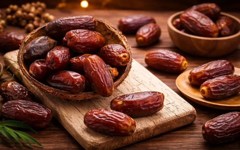 daktyle, suszone owoce, drewniany stół, miska, przybory kuchenne, kosz, ciemne tło, zdrowe odżywianie, naturalne kolory, tradycyjne jedzenie, kuchnia arabska, jedzenie orientalne, dieta roślinna, ramadan, owoc, żółty kolor, scena kulinarna, bogate smaki, kuchnia śródziemnomorska