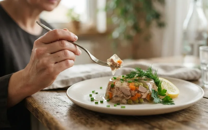 a plate of traditional Polish cold meat jelly with vegetables