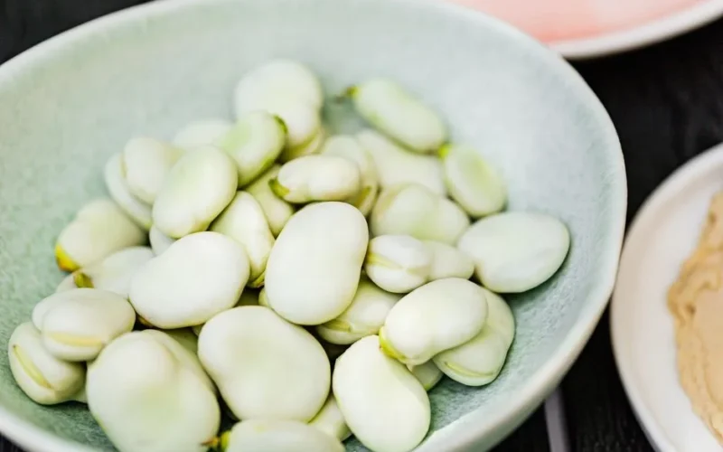 High-quality close-up of fresh fava beans in a ceramic bowl, perfect for culinary content.