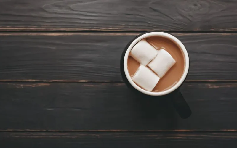 From above mug of delicious aromatic cocoa with marshmallows served on wooden table