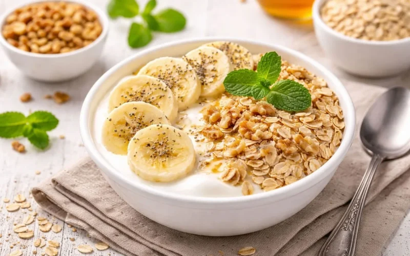 płatki owsiane, banan, śniadanie, łyżeczka, mleko migdałowe, nasiona chia, miód, produkt mleczny, zdrowy, owsianka z bananem, świeże owoce, miska, owsianka błyskawiczna, letnie zdrowie, domowa przygotowanie, minimalistyczne jedzenie, źródło błonnika, bez cukru, owocowa polewa, śniadanie zbożowe, równowaga smakowa
