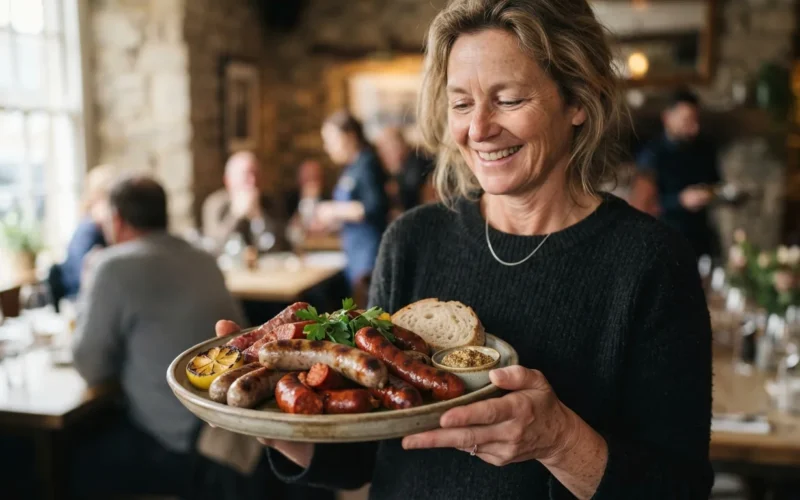 a person holding a plate of sausages