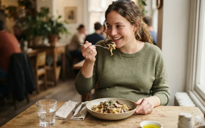 a pregnant woman eating a meal with mushrooms