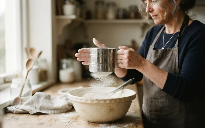 a person sifting flour into a bowl