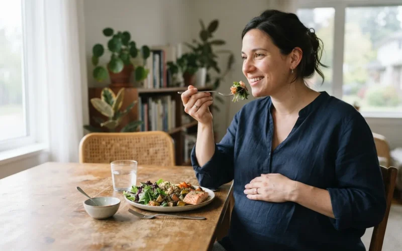 a pregnant woman eating at a table