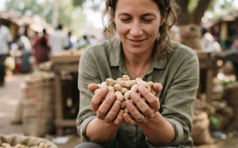 a person holding a handful of peanuts