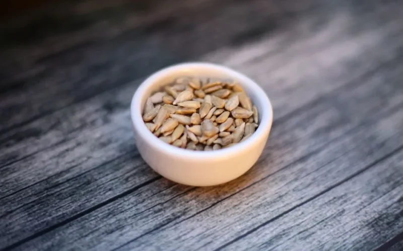 A close-up of nutritious sunflower seeds in a bowl on a wooden surface.