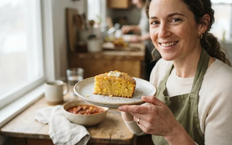 a person holding a slice of cornbread on a plate