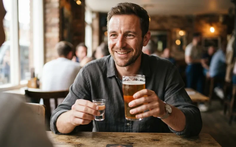 a person holding a beer and a shot glass
