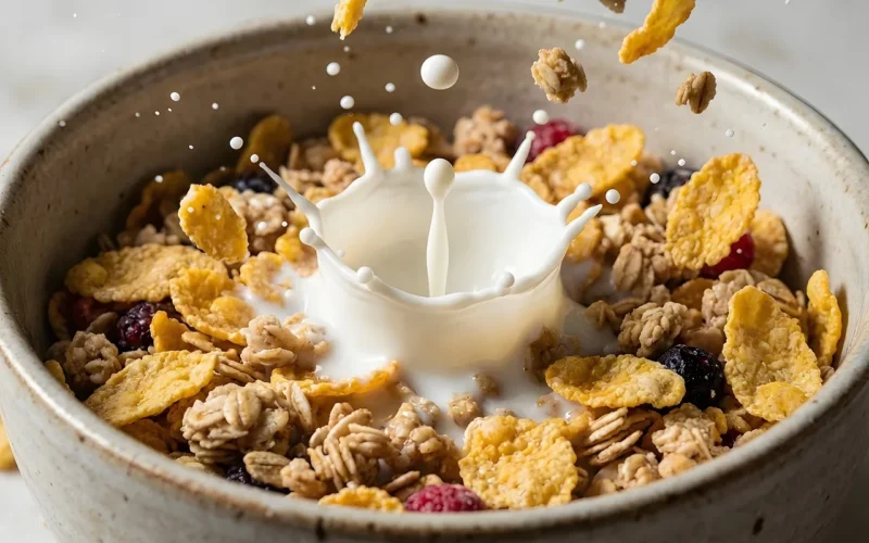 miska, mleko, płatki, rozprysk, energia, śniadanie, zdrowie, smaczne, świeży, owoc, kapanie, łyżka, świeżość, zdrowe jedzenie, dieta, granola, kropla, czarna porzeczka, malina, śniadanie i energia, zboże