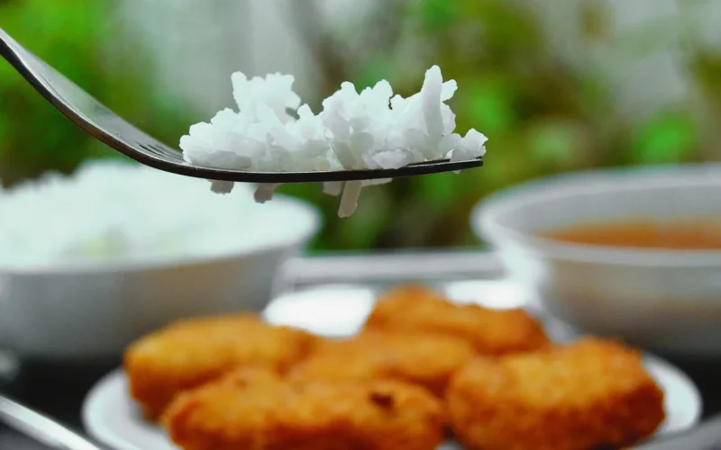 żywności, ryż, jedzenie, jeść, płyta, płaski, widelec, gastronomia, natura, mięso, kurczak, moc, drób, chiken, rice, ogród, żółty