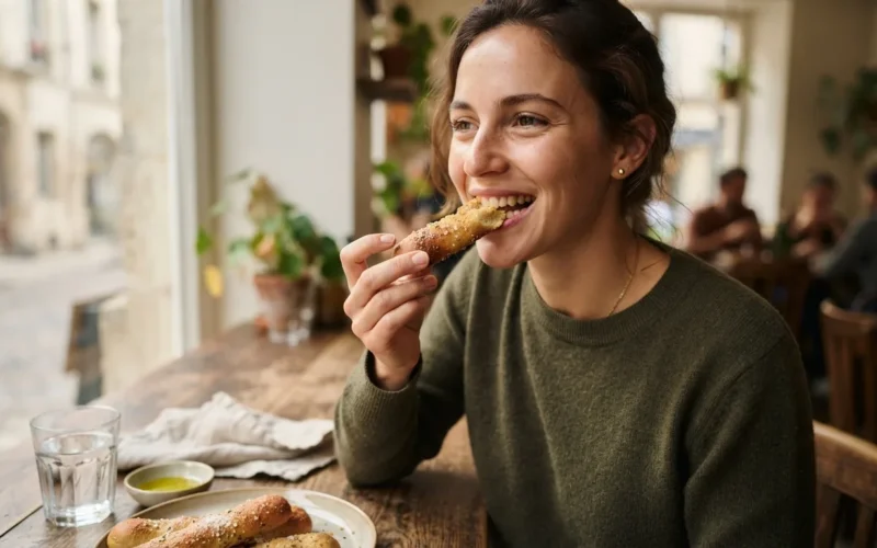 a person eating salty breadsticks