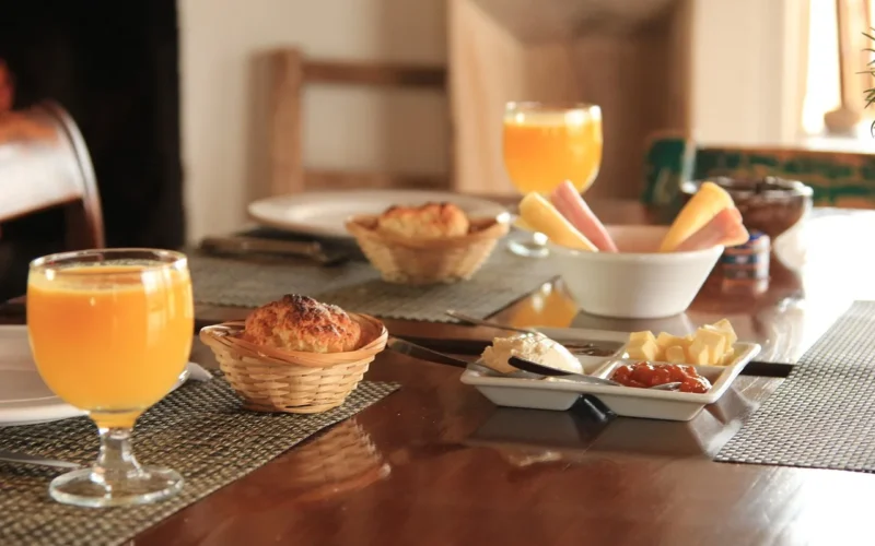 śniadanie, pół godziny, kawiarnia z mlekiem, sok, stół, juice