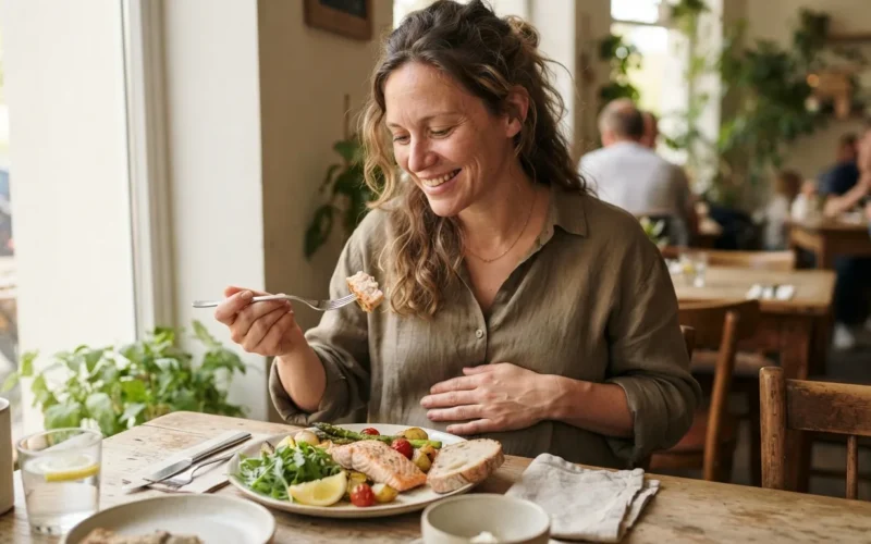 a pregnant woman eating a meal with fish