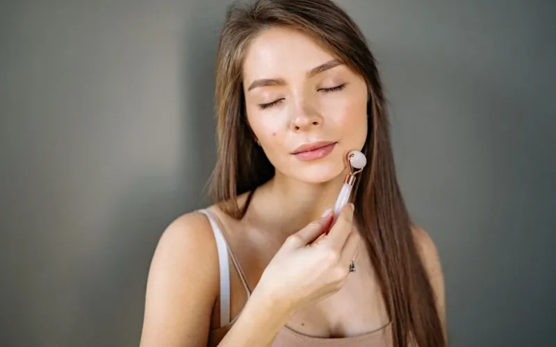 Woman with eyes closed using a jade roller for facial care on gray background.