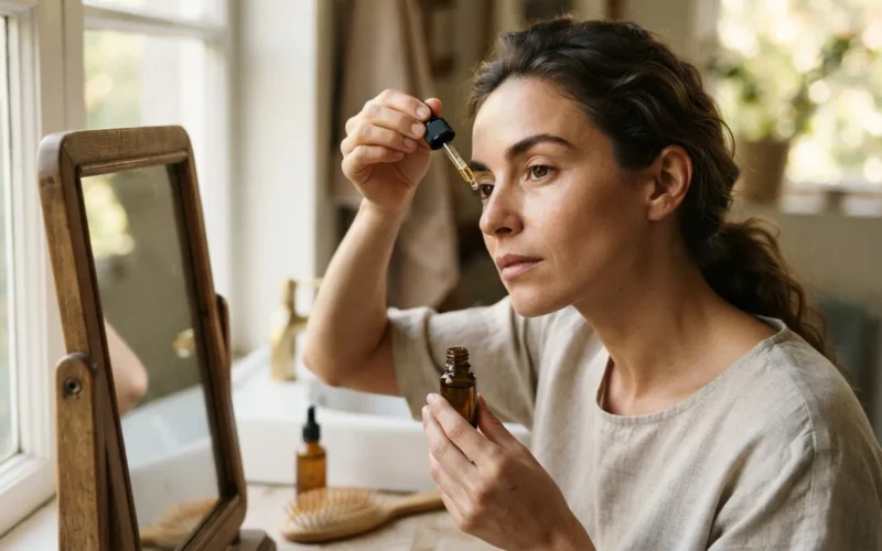 a woman applying a natural oil to her eyebrows