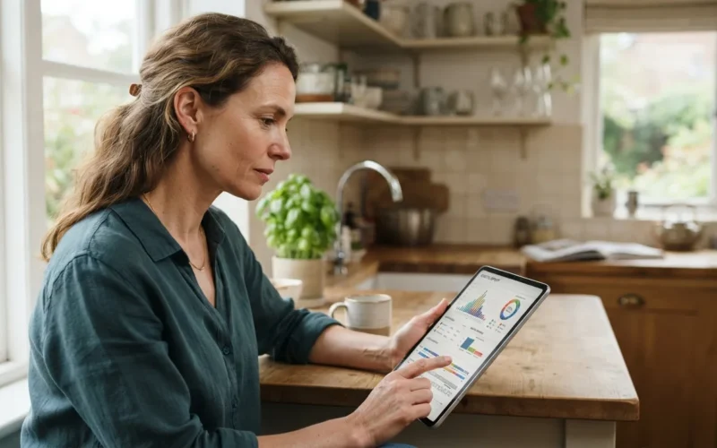 a woman looking at a DNA test report on a tablet in a kitchen